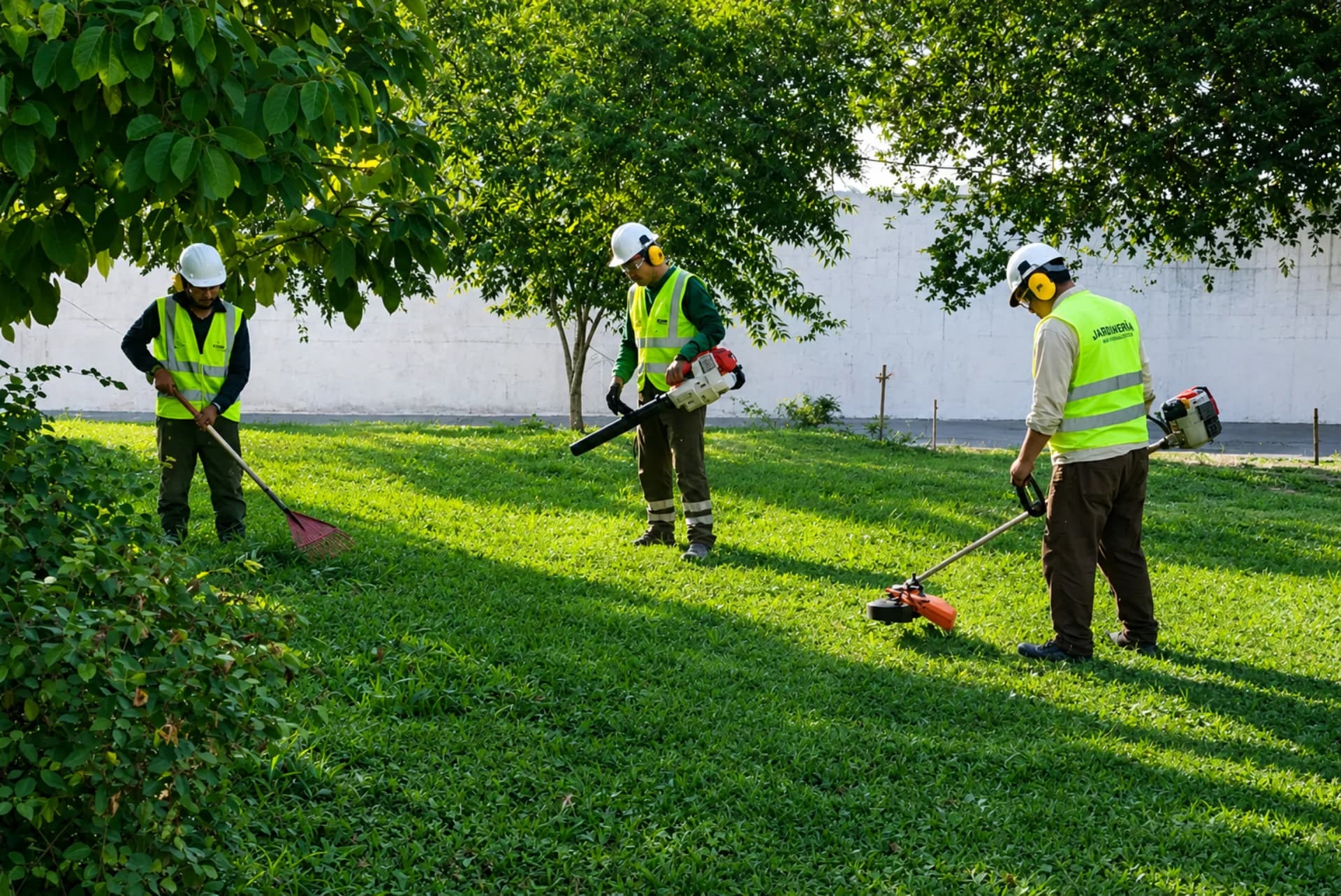 Equipo de Pro Verde Jardinería realizando mantenimiento de áreas verdes en parque industrial de Monterrey